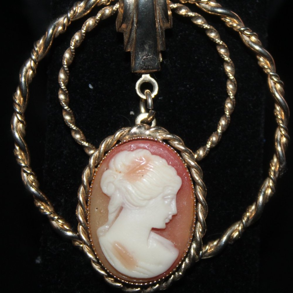 Stunning Orange Cameo, set in a unique setting with beautiful chain. 36" long